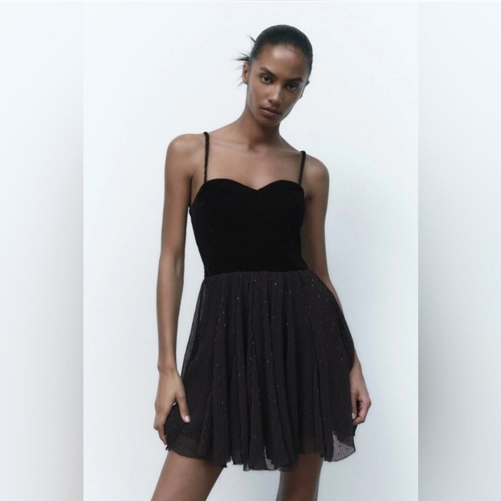 Zara Velvet‎ Corset Top Pleated Dotted Mesh Skirt Dress Size L